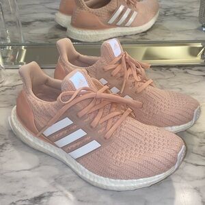 Adidas ultra boost 1.0 Pink and White Athletic Shoes with Signature Stripes